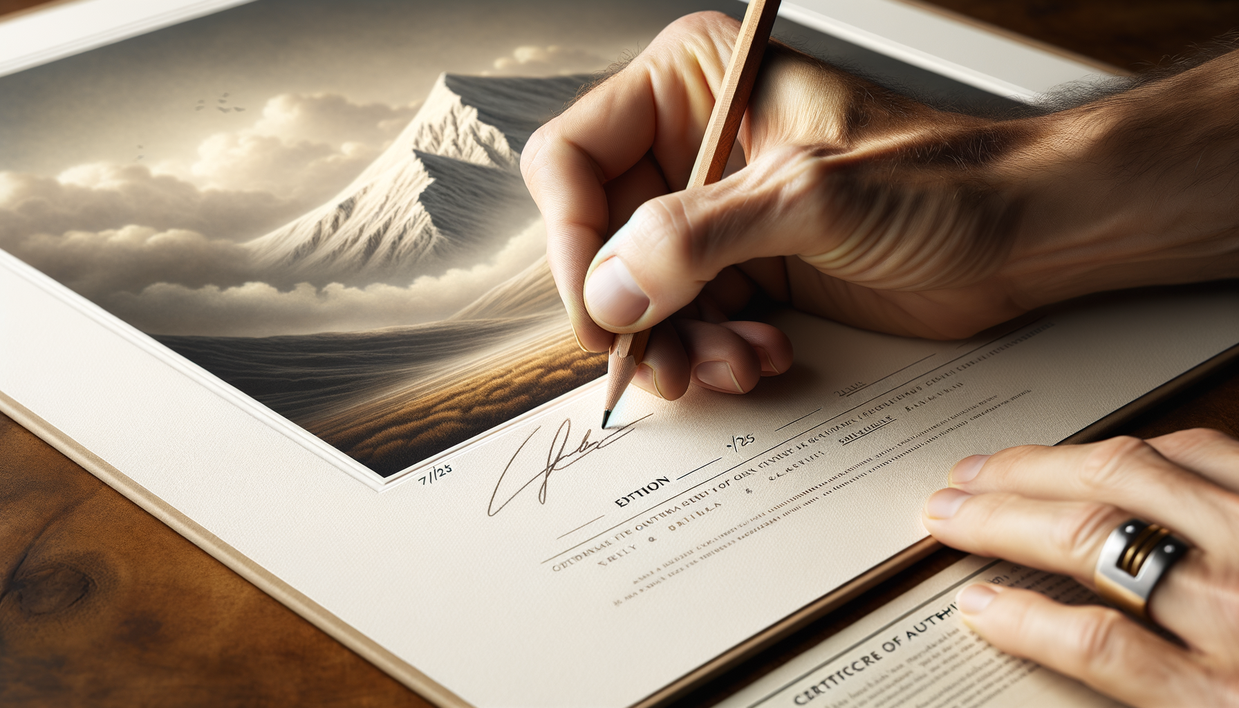 An artist's hand signing and numbering a giclee limited edition print in pencil